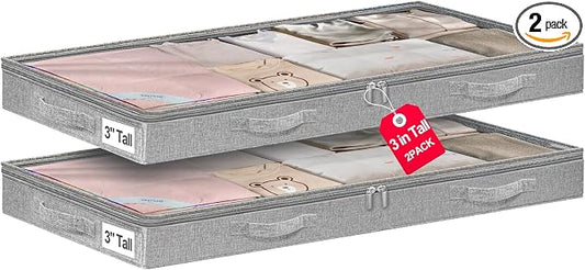 punemi 3 inch High Soft Low Profile Under Bed Storage Bins, 2 Pack, Grey | Foldable Clothes Storage with Zippers & Clear Lids, Small & Shallow Design for Under Sofa,Couch, Dorm & College Bed Storage