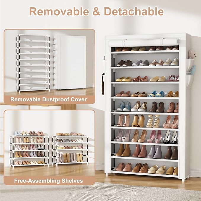 VILICK Shoe Rack with Cover Narrow Shoe Organizer with Pockets 10 Tier Tall Shoe Storage Holds 36-41 Pairs Shoes and Boots Shoe Rack for Closet Entryway Garage, White
