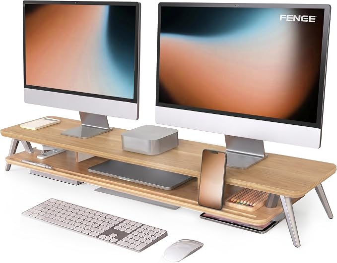 Fenge Dual Monitor Stand Riser, Wooden Desk Shelf with 2-Tier Storage | 42.5-Inch Wide, Sturdy Aluminum Legs, Built-In Phone & Tablet Slot, Desktop Organizer for Office Accessories