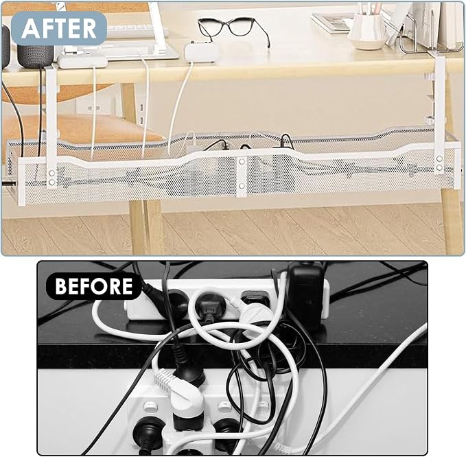 Cable Management, 25'' Cable Management Under Desk, Cable Tray | No Drill Under Desk Cable Management Tray, Cord Organizer with Clamp for Standing Desk, Desk Organizer for Home Office