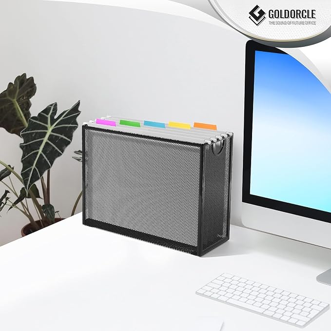 Letter-Size Hanging File Organizer with 5 Grey Holders(Gold) | File Holder Filing Box for Desk, Metal Mesh Desk File Folder Storage for Office(No Assembly Required)