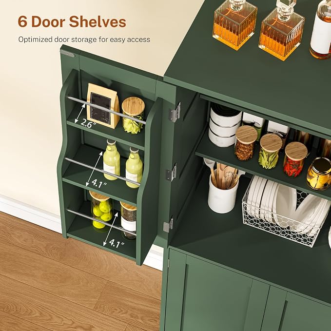 51" H Pantry Cabinet with 4 Doors, Kitchen Cabinet with 6 Door Shelves, Kitchen Pantry for Living Room, Dining Room, Bathroom, Green