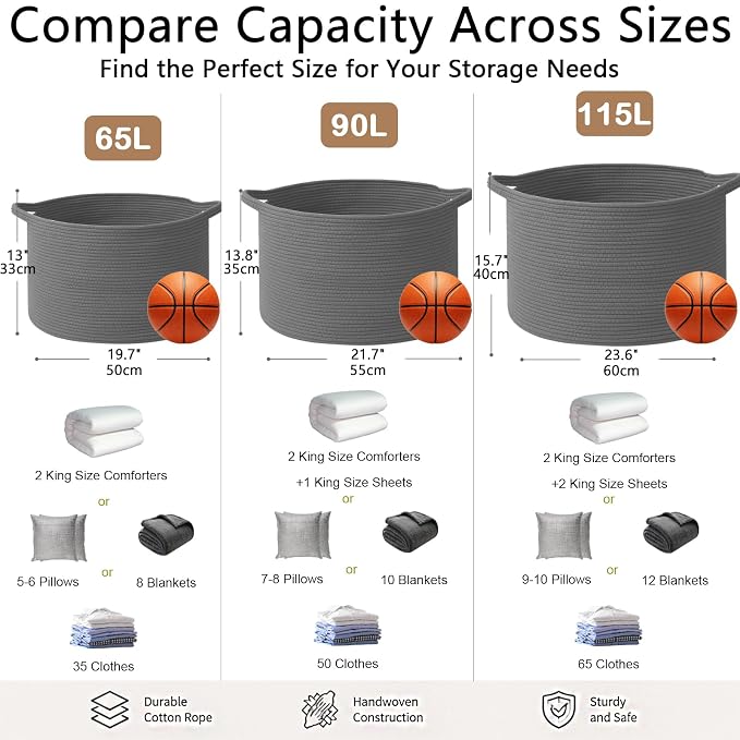 90L Extra Large Blanket Basket,Woven Rope Laundry Basket-Dark Grey | Collapsible, reinforced handles, nursery storage bin organizes clothes, toys and pillows for living room, bedroom bathroom.
