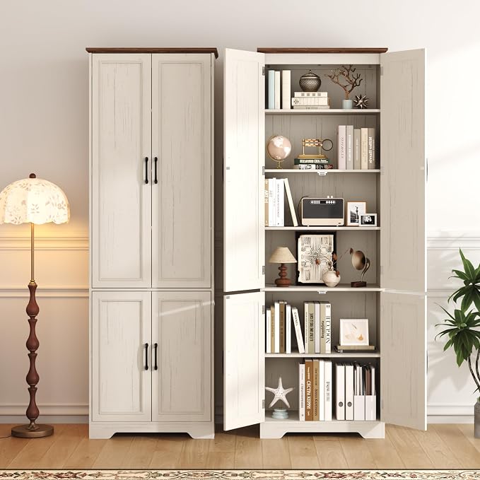 Function Home Farmhouse Kitchen Pantry Cabinet, 72" Tall Storage Cabinet with Doors and Adjustable Shelves, 6 Tier Freestanding Cupboard for Dining Room Living Room Bathroom, Antique White & Brown Top
