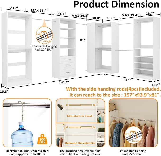 Closet Organizer System of 4 Sets with 3 Drawers, 9 Hanging Rods & 8 Shelves, 157" Walk in Closet System, Corner Closet Organizer, Modular Standalone Closet, White