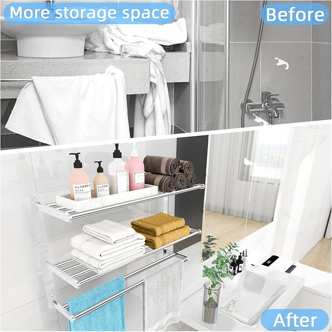 KLJKPA 24 Inch Towel Racks for Bathroom Wall-Mount, 3-Tier, Brushed Nickel | Towel Shelf with Double Towel Bar, Towel Holder, Towel Storage for Bathroom Lavatory, Stainless Steel, Space Saving