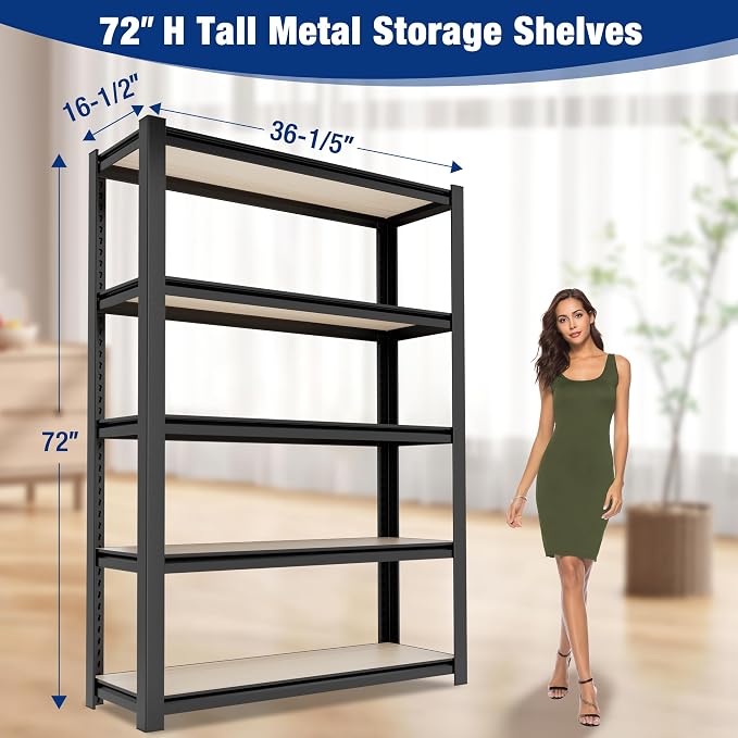 WORKPRO 5-Tier Black Shelving with Board, 36.2”Wx16.5”Dx72”H, 3000LBS Load | Adjustable, Heavy Duty, 3000lbs, Boltless Shelving for Kitchen, Living Room, Garage