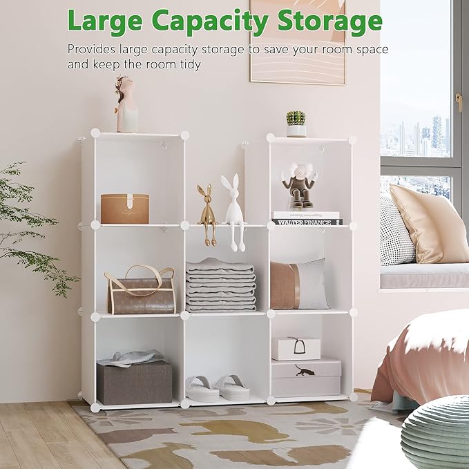 C&AHOME Cube Storage Organizer, 9-Cube Bookcase, Closet Cabinet Milky | DIY Stackable Bookshelf, Plastic Modular Shelving Units Ideal for Home, Office, Kids Room, 36.6" L x 12.4" W x 48.4" H
