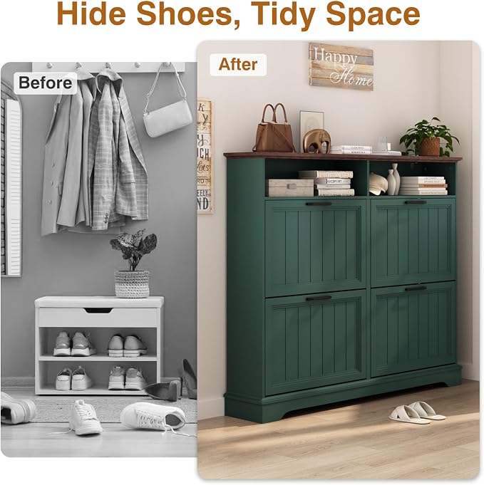 Hidden Shoe Storage Cabinet with 4 Flip Drawers & Open Storage | Farmhouse Modern Shoes Rack Cabinet,Adjustable Shelves ,Narrow Slim Shoe Organizer for Front Door Entrance, Entryway, Green