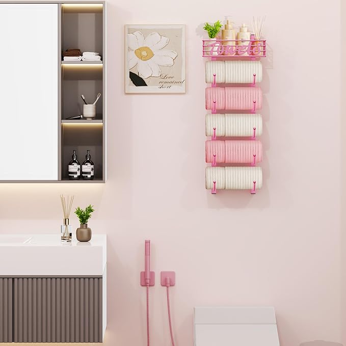 SWTYMIKI Hanging Towel Racks for Bathroom - 9 Tier Over the Door & Wall Mounted Bath Rolled Towel Storage for Women Girl, Door Towel Organizer Holder for Small Bathroom, RV, Camper
