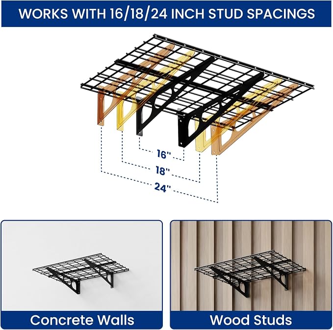 FLEXIMOUNTS 2-Pack Garage Shelving with Hooks, 2x6ft Storage Shelves, Black | 24-inch-by-72-inch Wall Shelf Garage Storage Racks Floating Shelves, Rustproof Seamless Grid Design, Classic Series