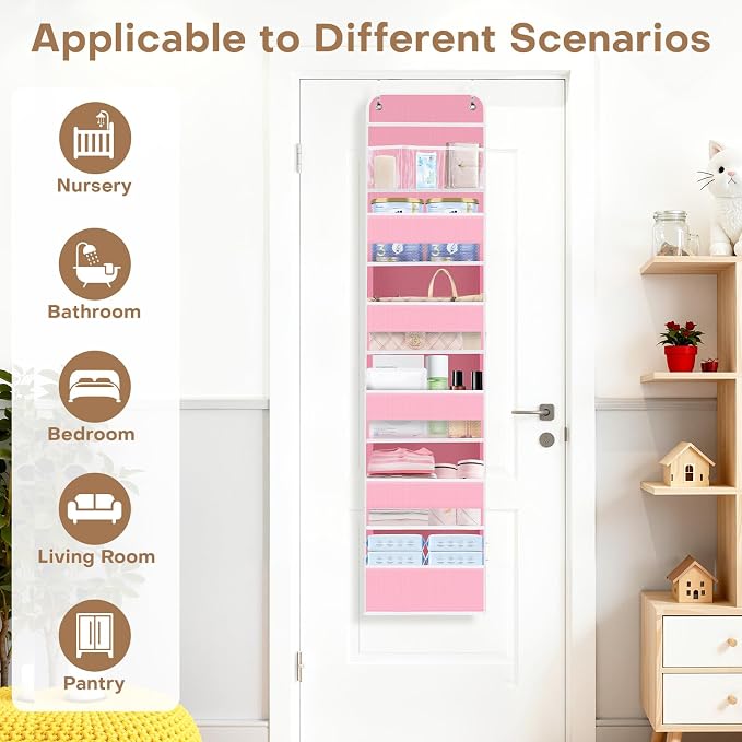 Over the Door Organizer, Large Pocket Hanging Storage with 40lb Capacity | Space Saving Door Storage for Nursery, Bathroom, Bedroom and Closet, Baby Essentials and Toiletry Organizer, Pink