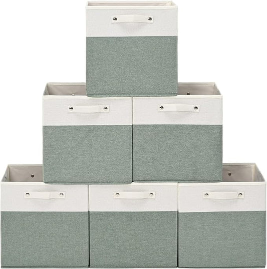 FinishingBo 13x13x13 Storage Cube Bins 6 Pack, Cube Shelf Baskets | Foldable Storage Cubes, Linen Storage Bins with Handles, Closet Organizers, White/Green