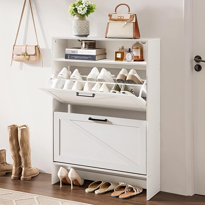 RWYHG Shoe Cabinet Storage for Entryway with 2 Flip Drawers | Open Storage Layer Rack Narrow Organizer Slim Hidden Wood Shoe Cabinet Furniture