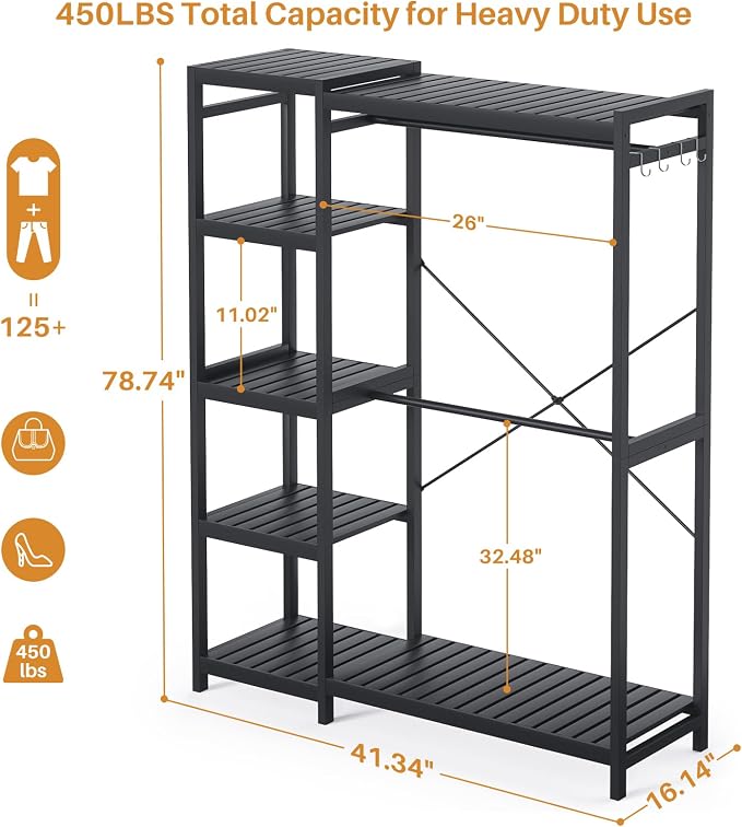Bamboo Clothes Rack Garment Rack for Hanging Clothes, Heavy Duty Clothing Rack with 7 Tiers Adjustable Shelves, Double Rods, 4 Hooks, Freestanding Closet System Organizer Wardrobe, Black