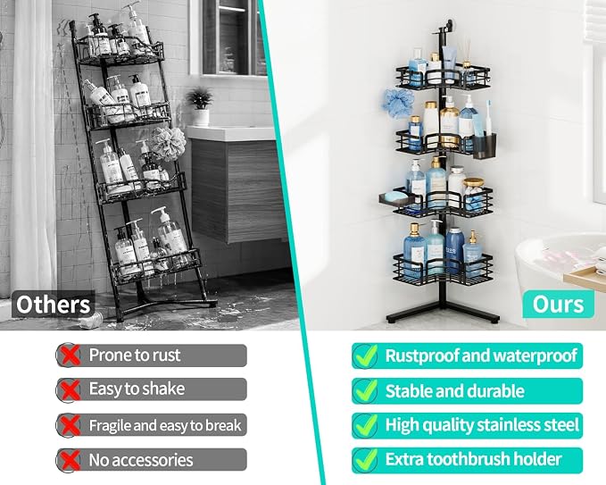 HapiRm Corner Shower Caddy Stand - 4-Tier Adjustable Shower Shelves, Black | Rustproof Stainless Steel, 4 Hooks, Soap and Toothbrush Holders, Large Capacity Shower Organizer for Tall Bottles, No-drill
