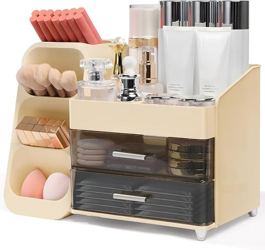 Makeup Organizer for Vanity with Brush Holder and 2 Drawers, Cream | Large-Capacity Makeup Holder Organizes Skincare, Cosmetics and Daily Beauty Products for Tidy Vanity and Bathroom Counters