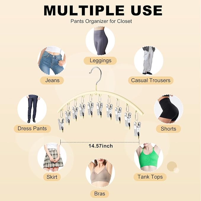 Volnamal Legging Organizer for Closet,2 Pack Metal Yoga Pants Hangers,Ivory | Clothes Hanger w/10 Clips Hold 20 Leggings,Space Saving Hanging Closet Organizer College Dorm Essentials Apartment Essential