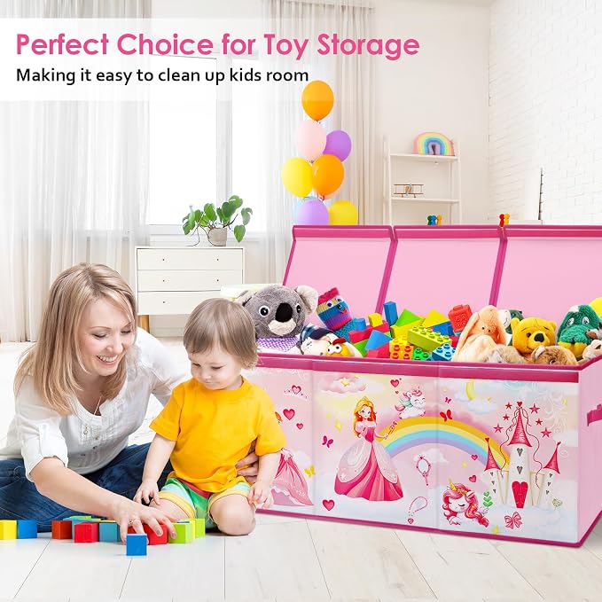 Large Toy Box Collapsible Chest Organizer with Flip Lid for Kids | Oxford Storage Box with Handle for Boy Girl Sturdy Waterproof Organizing Decor for Bedroom Playroom Nursery 37.7×12.5×15.7''