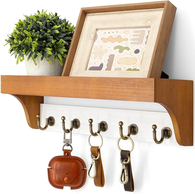 Rebee Vision Key Holder Wall Mount for Home Decor, Light Brown & White | 5 Key Hooks, Floating Shelf, Farmhouse Key Holder for Wall, Decorative Hanging Organizer, Home Storage Accent
