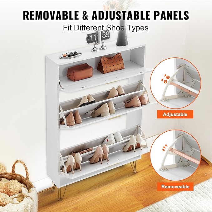 VEVOR Shoe Cabinet with 2 Flip Drawers, Modern Shoes Storage Cabinet with Storage Drawer and Anti-Tipping Device, Freestanding Shoe Organizer Ideas for Entryway, Hallway, Bedroom, Living Room, White