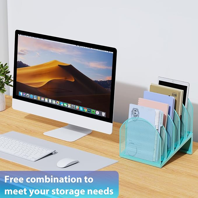 gianotter Desktop File Organizer, Desk Organizer with 5 Compartments, Paper Organizer for Desk, Workspace Organizers for Office Supplies (Blue, Inclined Style)