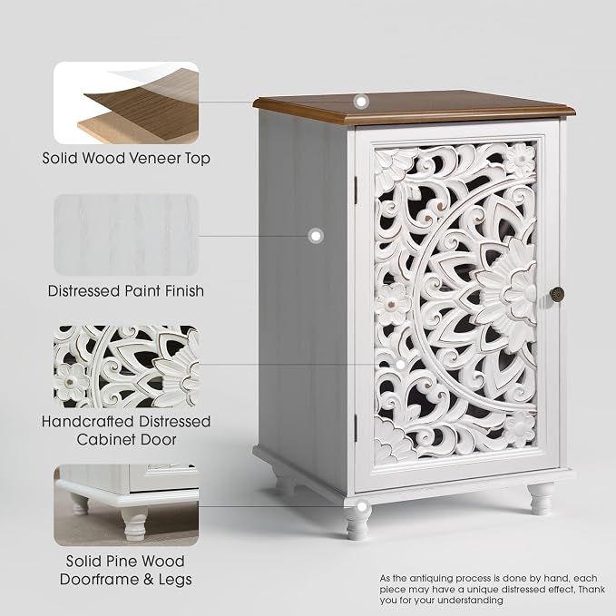 JOINICE Accent Cabinet with Hand-Carved Door for Living Room/Bedroom | Hand-Carved Floral Design, Boho/Farmhouse/Rustic Style, Space-Saving, Sofa Table/End table, Solid Wood Legs, Adjustable Shelf