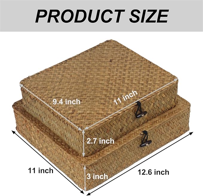 Flat Seagrass Wicker Baskets with Lids, Set of 2 | Small and Large Storage Boxes, Shelf Organizer Bins, Woven Home Storage, Stackable Flat Design, Natural Decor