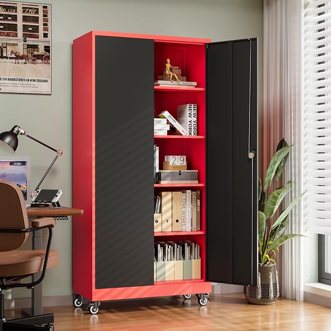 Letaya Metal Garage Storage Cabinets with Lock Door and Adjustable Shelves, Steel Tool Cabinets for Home,Office,Warehouse Organisieren (Black Red, 75" H)