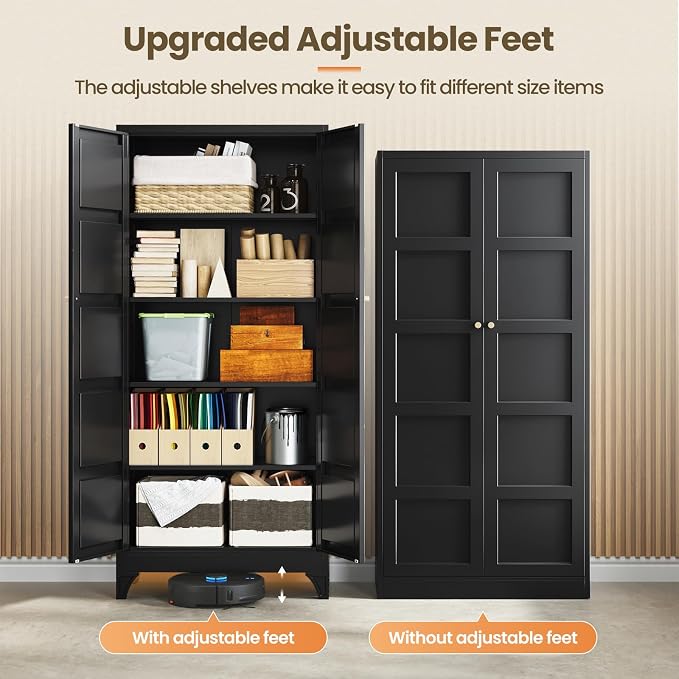 Yizosh Metal Pantry Cabinet,- 72" Black Kitchen Pantry Storage Cabinet with Doos and Adjustable Shelves for Kitchen, Living Room,Dining Room,Home