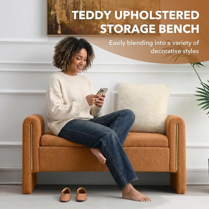 NIOIIKIT 52" Storage Ottoman Bench, Teddy Upholstered Storage Bench with Armrest, Entryway Bench with Pull-Ring, End of Bed Bench, Window Bench for Living Room (Coffee)