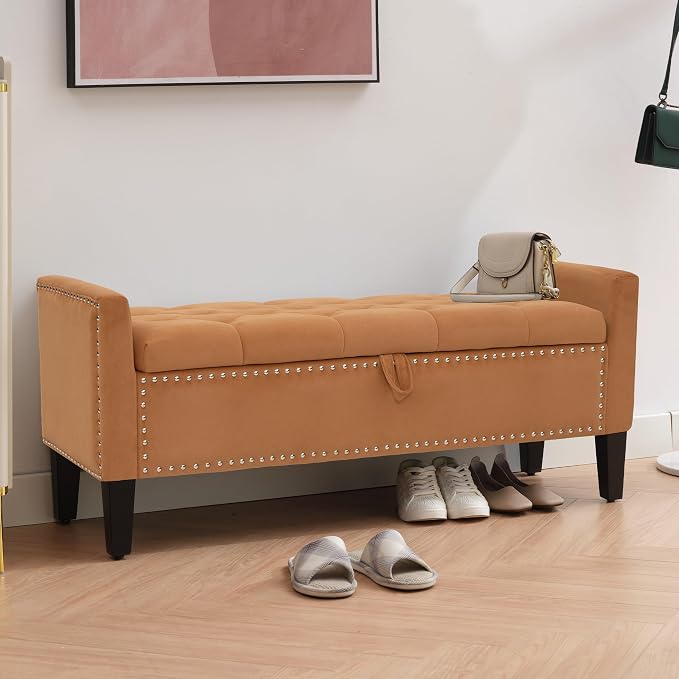 Storage Ottoman Bench, Velvet Upholstered Footstool for Bedroom and Living Room, Frosted Flannel Seat with Storage, Wooden Legs & Metal Rivets, Orange
