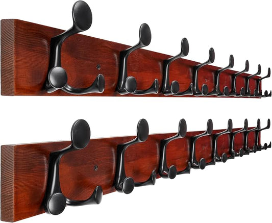 WEBI Coat Rack Wall Mount,43" Solid Wood Coat Hooks Wall Mounted Coat Hanger,16" Hole to Hole,Heavy Duty Hook Rack Rail,8 Triple Hooks for Hanging Coats,Jacket,Clothes,Hat,Backpack,Cherry,2 Packs