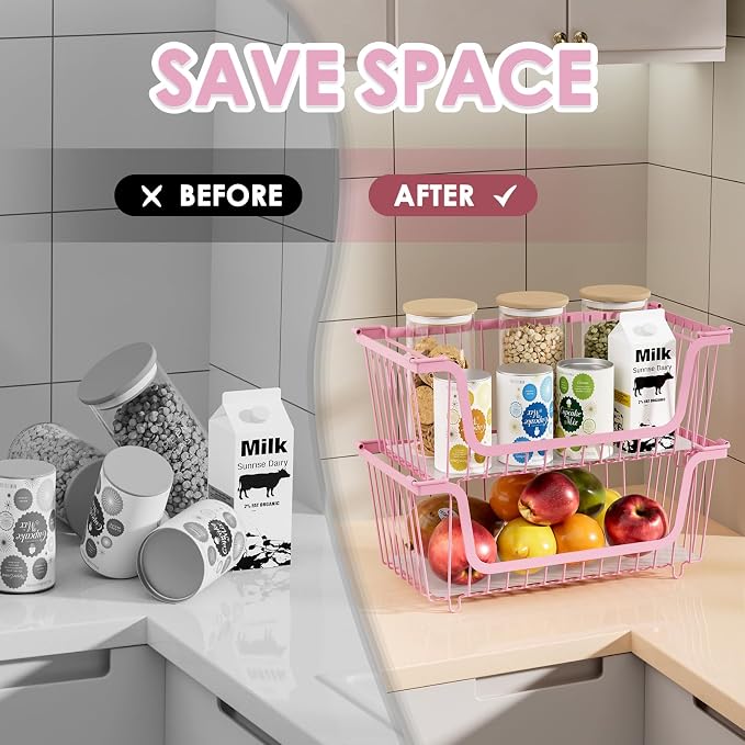 4 Pcs Stackable Wire Baskets for Pantry Organizers and Storage,pink, | Vegetable Fruit Basket for Countertop,Kitchen Storage Metal Baskets,Produce Potato Onion Storage Bin,