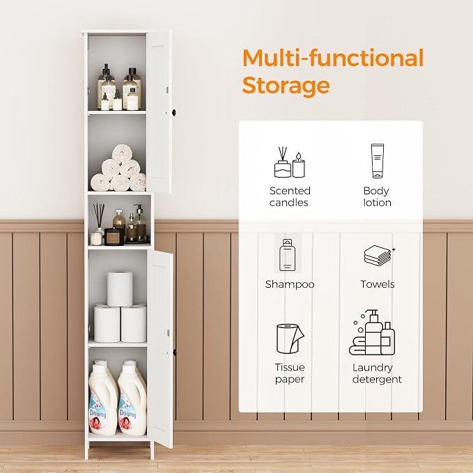 Homleke Tall Bathroom Storage Cabinet with 2 Doors, Slim Bathroom Cabinet | Narrow Storage Cabinet with Adjustable Shelves, Anti-Tip Design, Reversible Door, Easy Assembly, White, 11.8''W