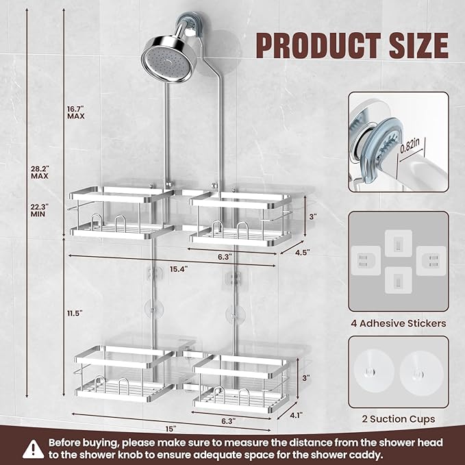 REINHARDT Adjustable Shower Caddy Hanging for Handheld Showerheads, Silver | Patented Shower Organizer, Rustproof, 40lbs Capacity, Anti-Swing, Tool-Free, Suction Cups, 8 Hooks, Soap & Toothbrush Holder
