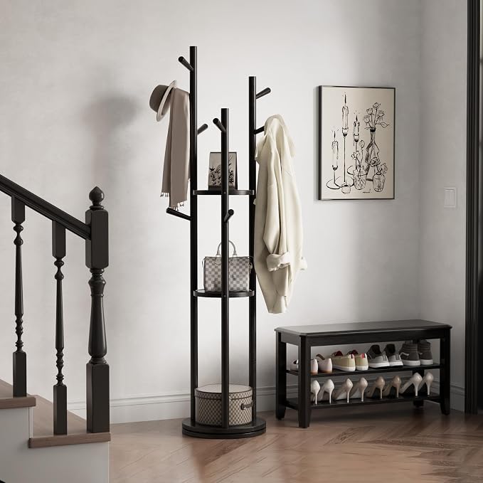 Muwuele Solid Wood Rotary Coat Rack, Freestanding Coat Rack with 3 Shelves and 9 Hooks, Coat tree for Bedroom, Entryway, Livingroom, Coat Hanger Stand for Coats, Scarves, Handbags (Black)