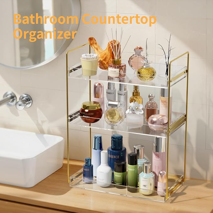 Bathroom Countertop Organizer, 3 Tier Acrylic Tray Vanity Counter Skincare Organizer Shelf, Kitchen Under Sink Standing Rack, Home Storage Holder for Lotion Makeup Cosmetics Perfume Spice, Gold | Kitchen Under Sink Standing Rack, Home Storage Holder fo...