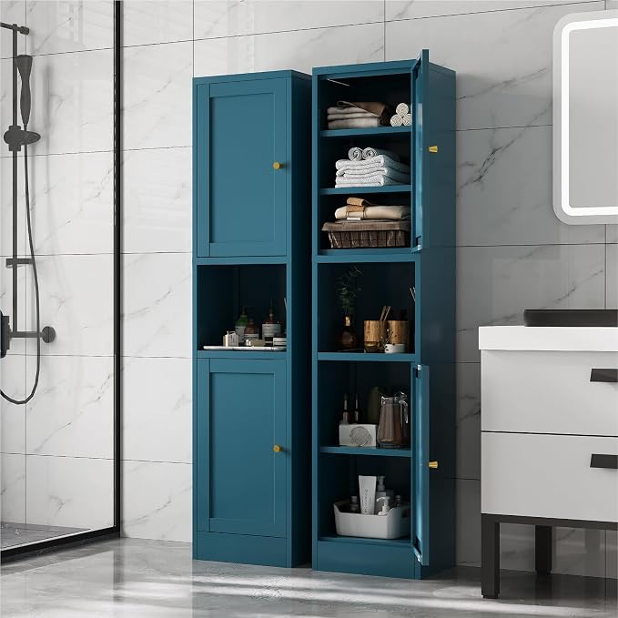 67" Tall Narrow Storage Cabinet with Doors and Open Shelf,Metal Pantry Cabinet,Shaker Style Slim Cabinet with Adjustable Shelves,for Bathroom Kitchen Laundry Small Spaces,Blue, 1Pc