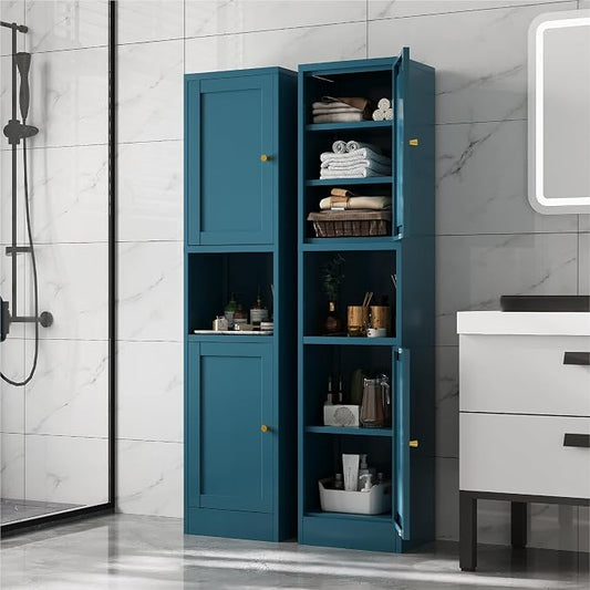 67" Tall Narrow Storage Cabinet with Doors and Open Shelf,Metal Pantry Cabinet,Shaker Style Slim Cabinet with Adjustable Shelves,for Bathroom Kitchen Laundry Small Spaces,Blue, 1Pc