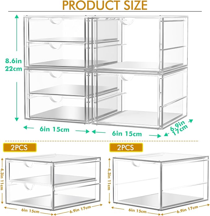 caktraie 4-Pack Acrylic 6-Drawer Office & Makeup Storage Organizer,Desk | Smooth-glide drawers, clear body, dustproof, wipe clean, for stationery, lipsticks, blush palettes, hair clips, sticky notes