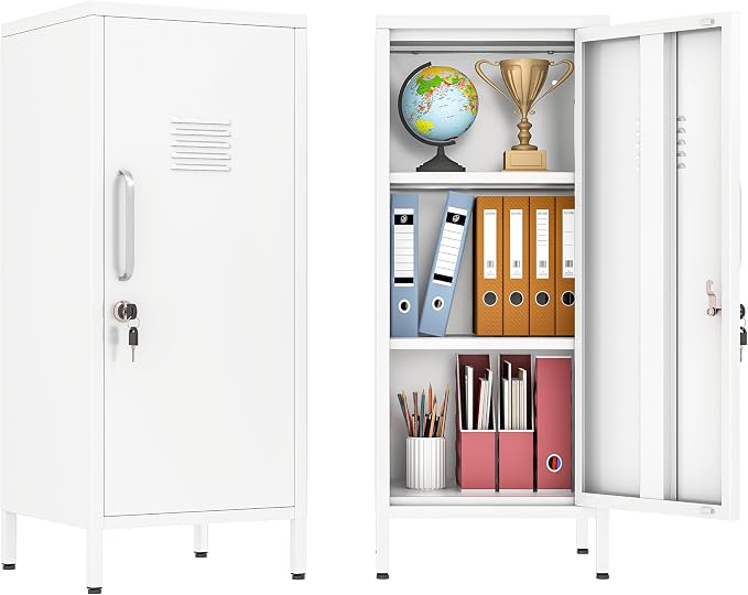 PAOFIN 35" Metal Storage Locker, Lockable Employees Metal Locker with Door and Adjustable Shelves, Steel Locker for Home, School, Office, Gym (White)