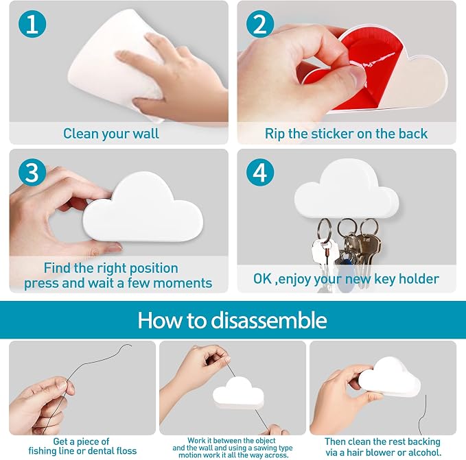 TWONE White Cloud Magnetic Wall Key Holder - Easy to Mount - Powerful Magnets Keep Keychains and Loose Keys Securely in Place