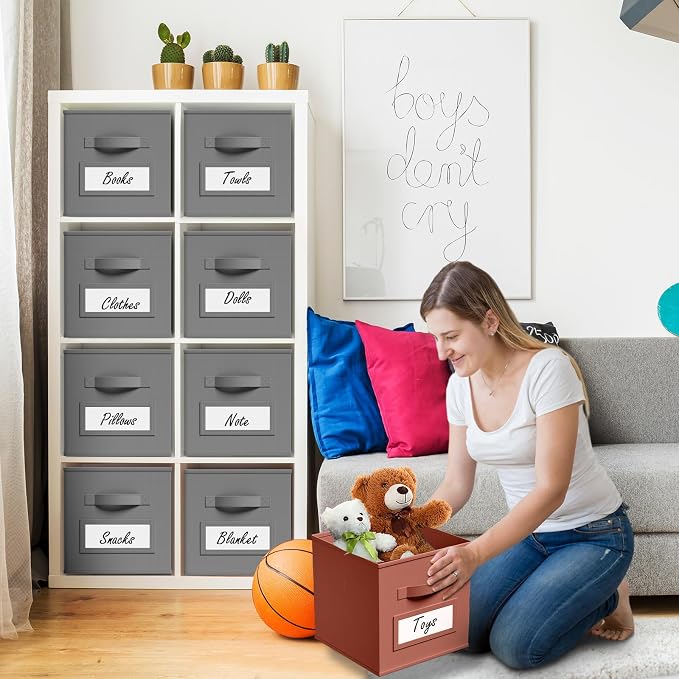 Teenyyou 10 Pack Fabric Storage Cubes 11 Inch Collapsible Cube Bins with Label Window & Handle Foldable Organizers Baskets for Shelf Closet Nursery Kids Room Clothes Book Toy(Gray)