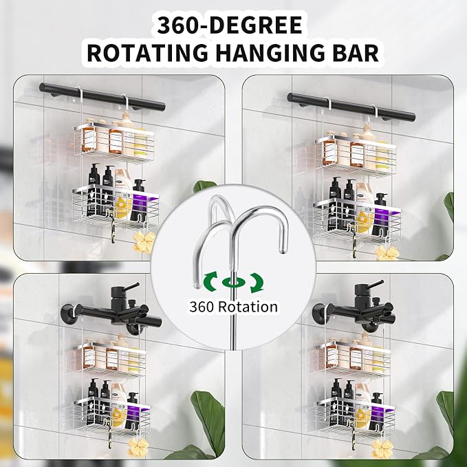 SHANSHUI Shower Hanging Caddy, Double Bathroom Showers Organizer Basket, Shampoo Bracket, Over Door Shower Rack with Hooks, 304 Stainless Steel Rustproof