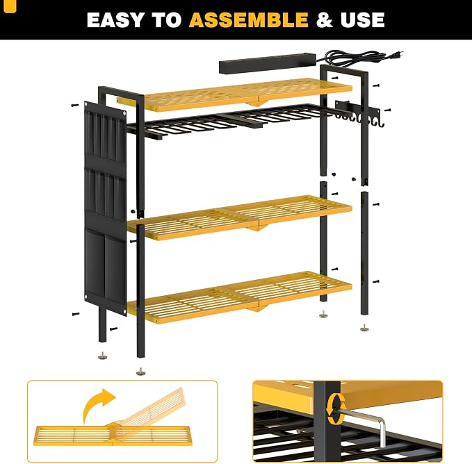 NattyDot Power Tool Organizer Cart with Charging Station, 8 Drills, Yellow | Freestanding Power Tool Cart Holds 8 Drills; Charging Station Powers Batteries while Sturdy Shelves Organize Garage Gear