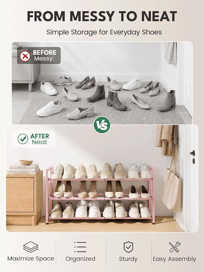 Bumusty 3 Tier Expandable Shoe Rack for Closet, Pink | 18"-33" Adjustable Shoe Rack for Entryway, Small Shoe Organizer for Dorm, Front Door, Sturdy Metal