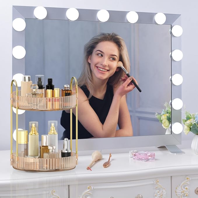 MOKANI 360 Rotating Makeup Organizer for Vanity, 2 Tier Perfume Organizer | Adjustable Multi-Function Spinning Cosmetics Skincare Storage for Bedroom, Dresser, Countertop, Amber