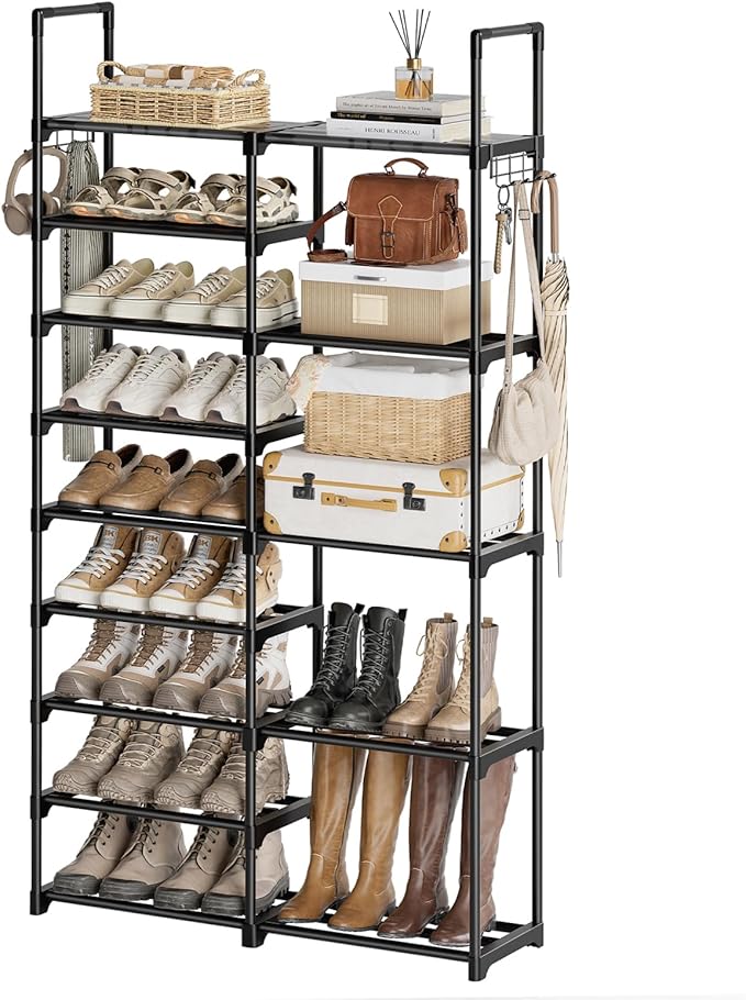 WOWLIVE 9 Tier 2-Column Shoe Rack, 30-35 Pairs Stackable Black | Compact 33.75in long fits narrow spaces. Removable layers for boots/heels. Split design for flexible layout.