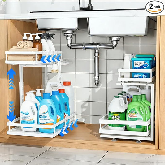 2 Pack Under Sink Organizer, 2-Tier Metal Shelf, White | Carbon steel 2-tier set, ball-bearing slides, adjustable height, no-drill setup, for kitchen and bathroom cabinets